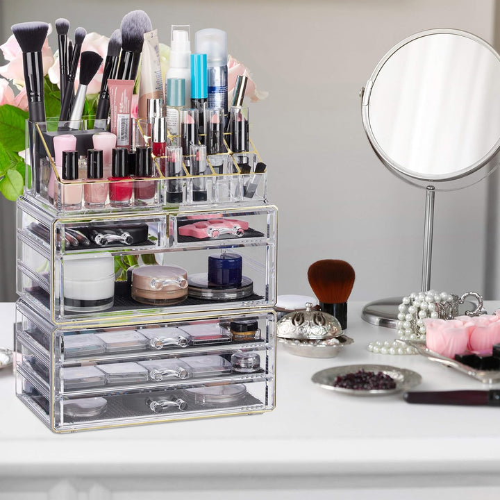 Relaxdays 1 x Kosmetikorganizer mit 6 Schubladen, 22 Fächer Make Up Organizer, Schmink-Aufbewahrung