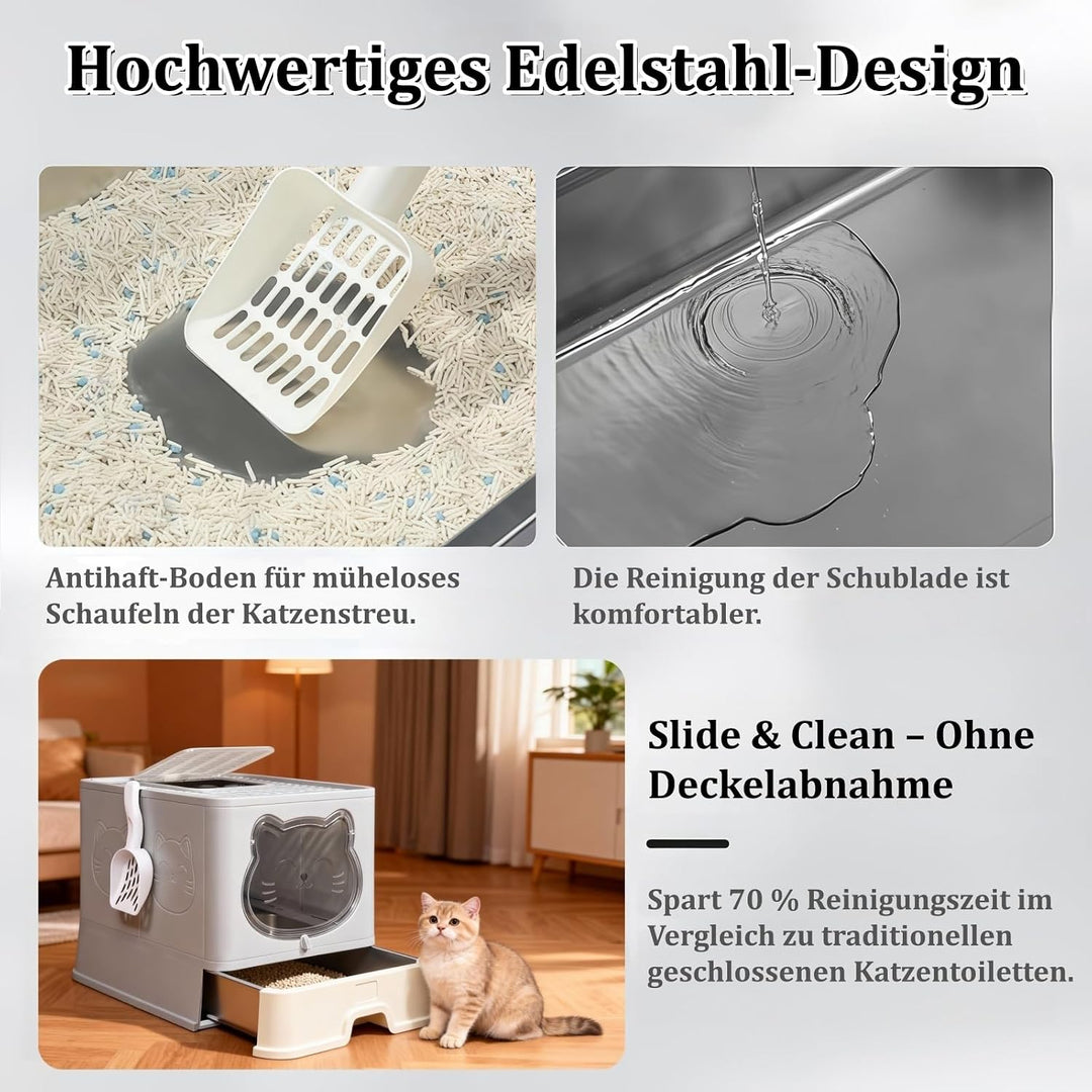 Geschlossenes Katzenklo mit Dach/Deckel & rostfreier Edelstahl-Schublade - Katzentoilette mit Aktivk