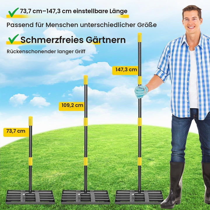 Rasennivellierrechen, strapazierfähige, Gebogene Bodenplatte (43 × 25 cm), 147 cm Langer Stiel – Ras