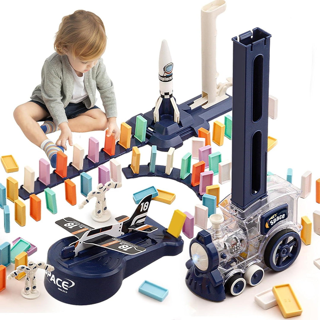 OBEST 200Pcs Domino Zug Spielzeug Set, Elektrischer Domino Rallye Zug mit Licht und Ton, Automatisch