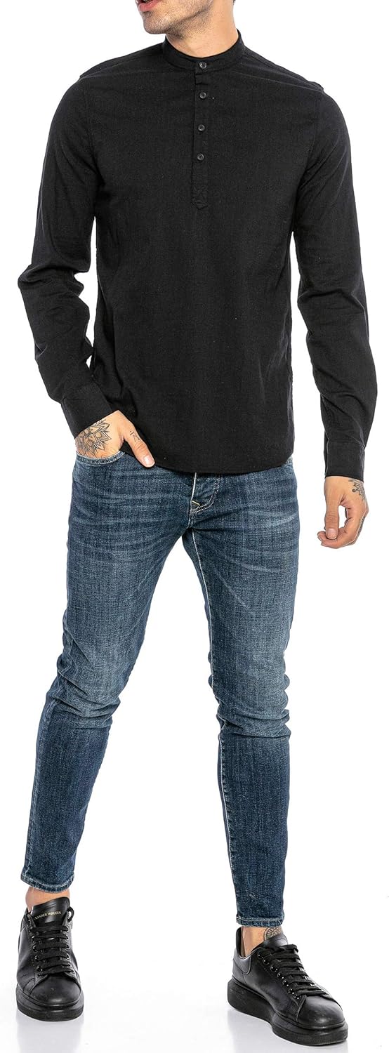 Redbridge Elegantes Herren Leinenhemd Langarm Casual Baumwolle XXL Schwarz, XXL Schwarz