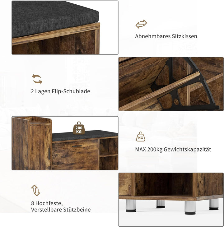 Schuhbank mit Sitzfläche, Klappfach mit Verstellbarer Trennwand, Höhenverstellbar, Schuhschrank mit