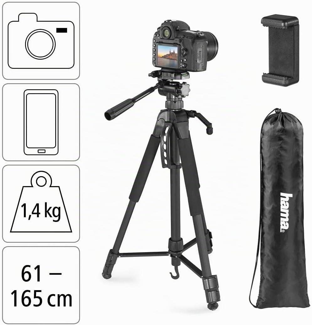 Hama Stativ Kamera "Action 165 3D" (Leichtes Fotostativ inkl. Handy-Halterung, Tripod mit 61-165cm H