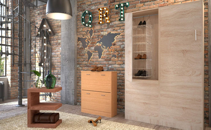 Wohnling Schuhkipper Kiel Buche matt 2 Fächer 75 x 87 x 24 cm | Design Holz-Schuhschrank zum klappen