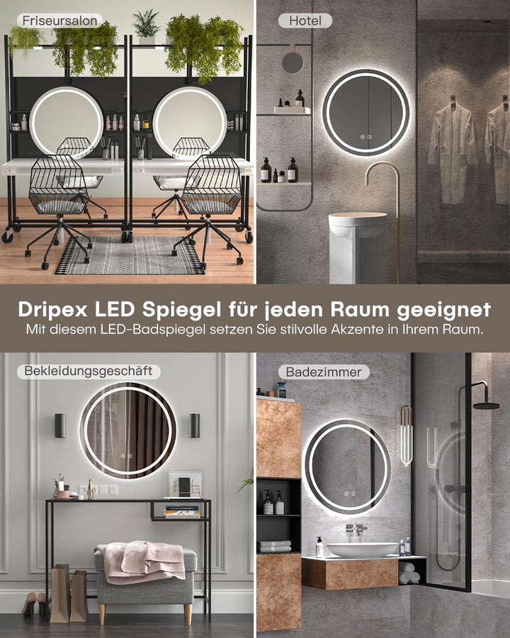 Dripex Badspiegel mit Beleuchtung Rund Led Spiegel mit Touch-Schalter, Dimmbar, 3 Lichtfarbe Einstel