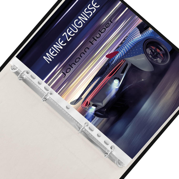 Zeugnismappe personalisiert High Speed A4 ca. 31x24 cm, lila blau, Zeugnisbuch Auto, Urkundenmappe E