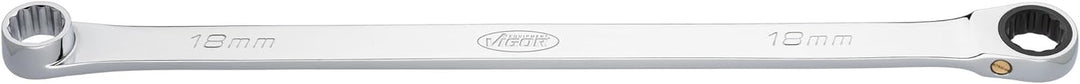 ViGOR Ratschen-Ringschlüssel V7031-18, extra lang, 18 mm SW, 388 mm Länge, 72 Zähne, verchromt und p