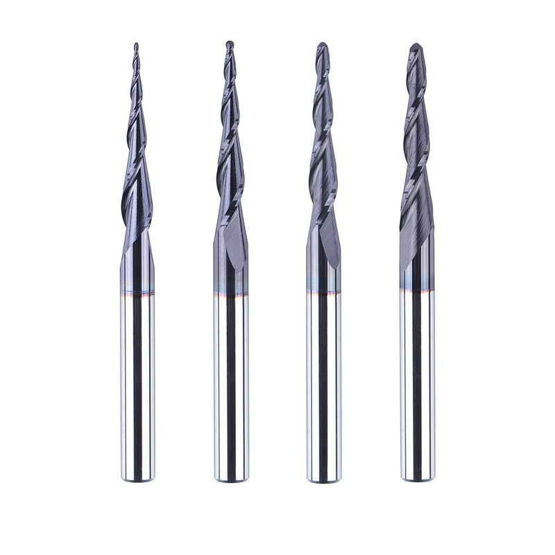 SpeTool 4 Stück 2 Flöten Kugelkopffräser mit Konischer Spitze Fräser CNC R0,25mm-1,0mm Gravierfräser