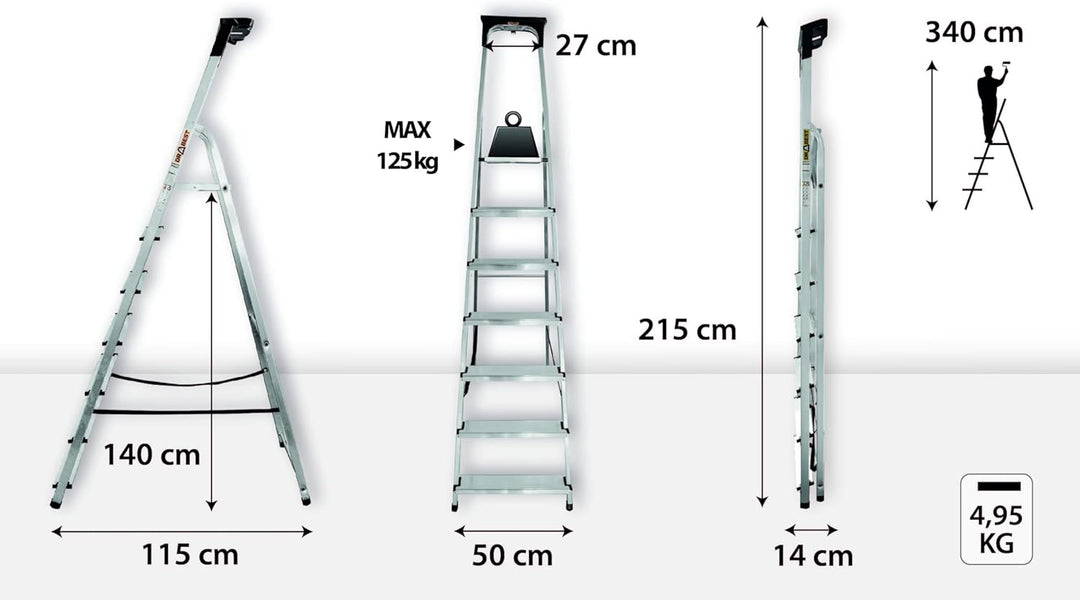 Drabest - Haushaltsleiter - Stehleiter - 7 Stufen - Arbeitshöhe 3,40m - Klappleiter aus Aluminium, m