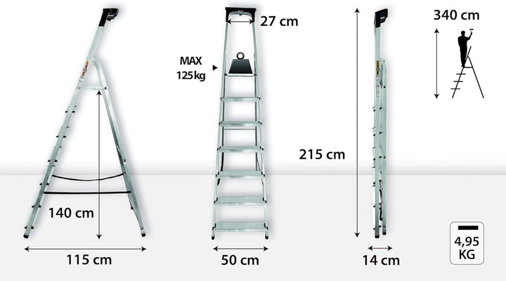 Drabest - Haushaltsleiter - Stehleiter - 7 Stufen - Arbeitshöhe 3,40m - Klappleiter aus Aluminium, m