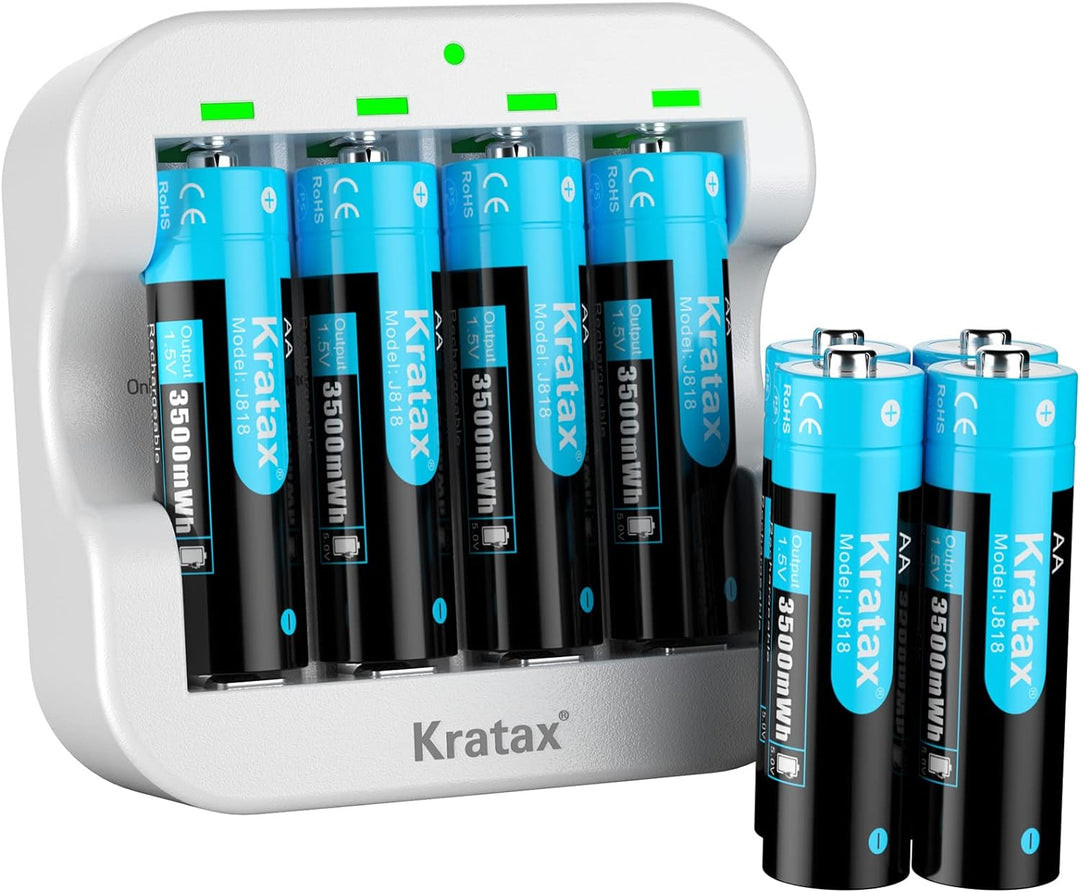 Kratax 1,5V Wiederaufladbare Lithium AA Akku, 1,5 Volt Konstante Ausgabe, 3500mWh mit 1600 Zyklen, 8