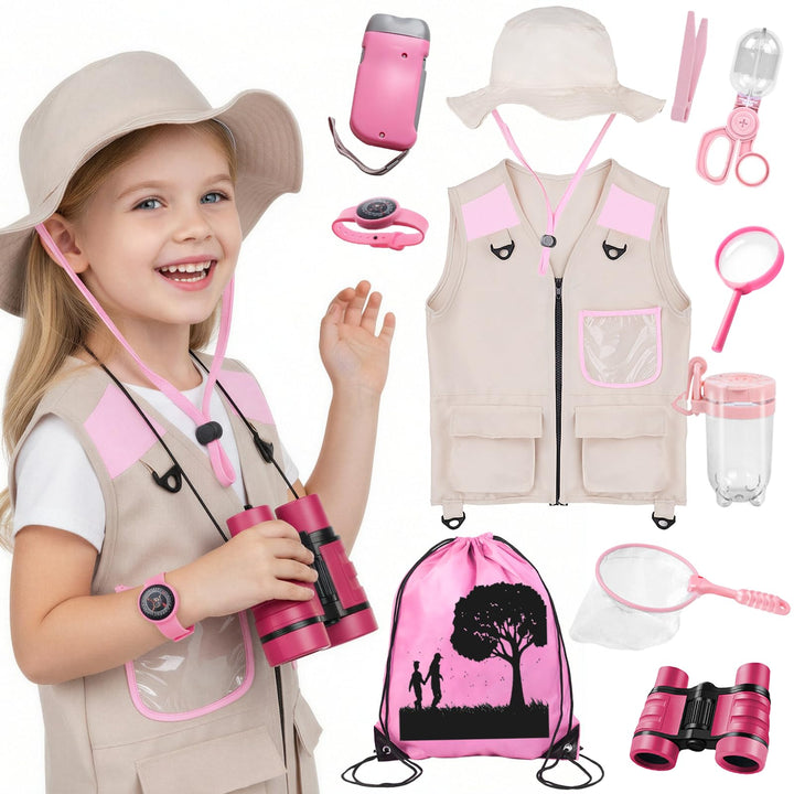 Xerteam Forscherset für Kinder, 11Pcs Safari Kostüm mit Entdeckerhut Weste Fernglas Kinder Schmetter