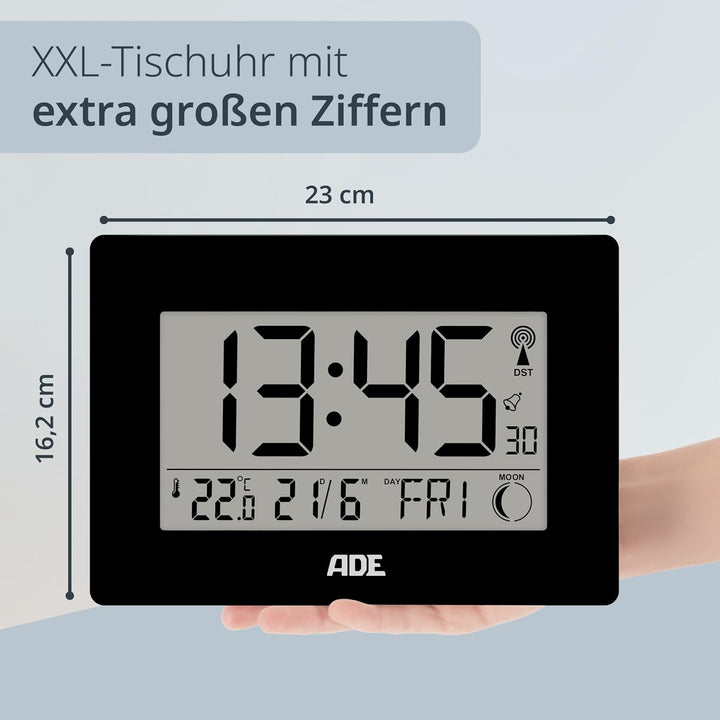 ADE Grosse Funkuhr digital mit XXL-Ziffern | Tischuhr mit Kalender und Wochentag | Digitale Uhr mit