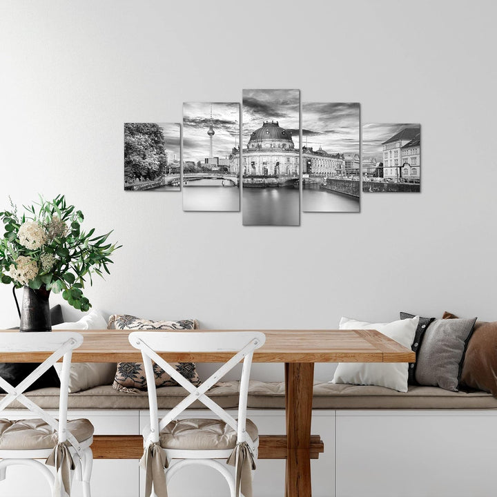 Runa Art Wandbilder Berlin 5 Teilig Bild auf Vlies Leinwand Deko Wohnzimmer Büro Städte Schwarz Weis