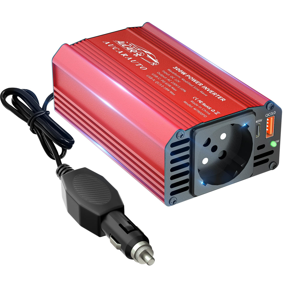 AUCARAUTO Upgrade 300W Spannungswandler, Wechselrichter 12V auf 230V Stromumwandler mit PD 65W & QC3