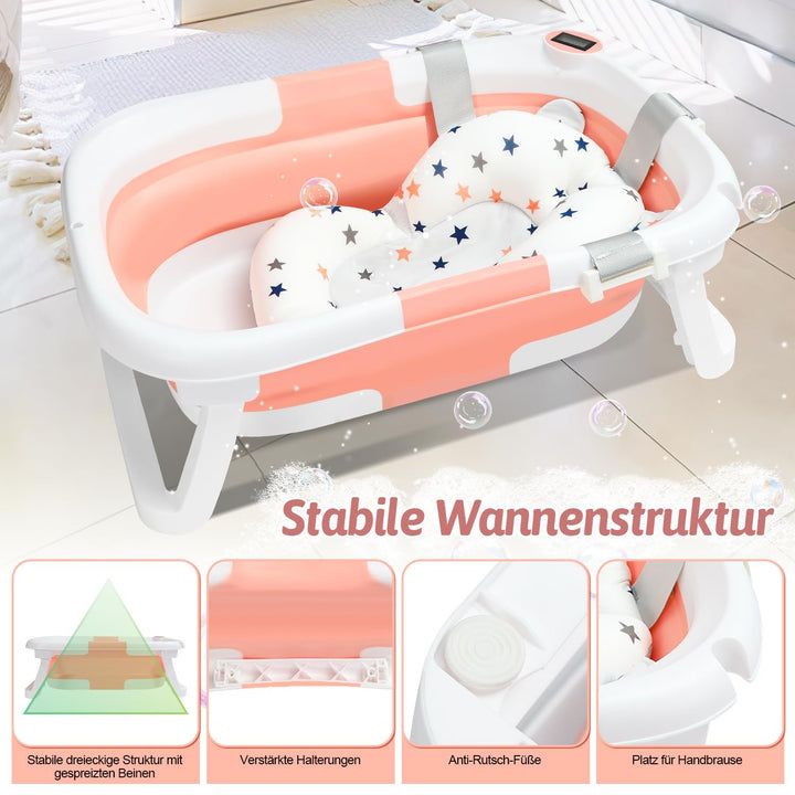 Babywanne faltbar Babybadewanne Baby Wanne platzsparend, doppelt klappbare Badewanne mit Badekissen,