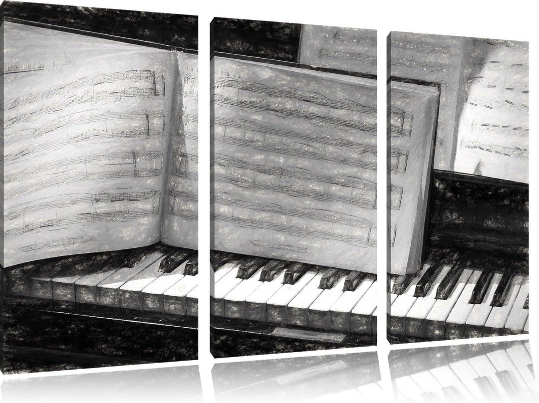 Pixxprint Klavier und Notenblätter als Leinwandbild | Grösse: 3 Teilig (120x80) | Wandbild| Kunstdru