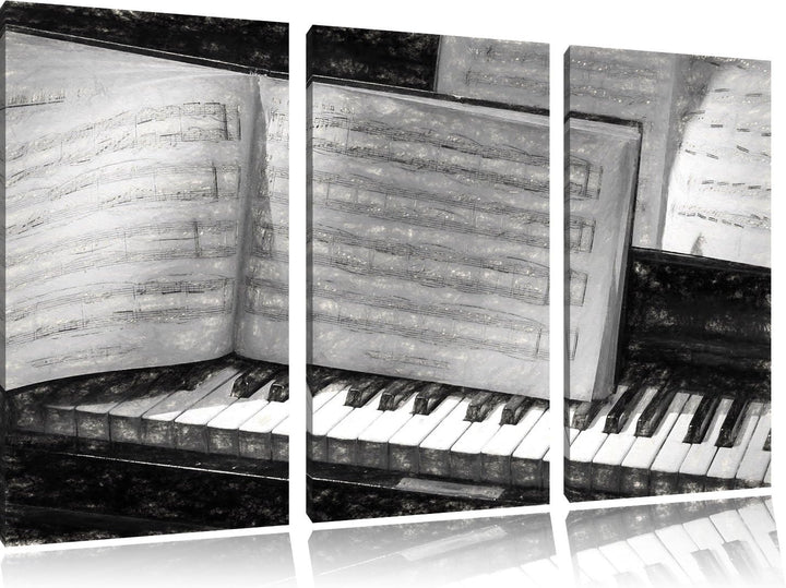 Pixxprint Klavier und Notenblätter als Leinwandbild | Grösse: 3 Teilig (120x80) | Wandbild| Kunstdru