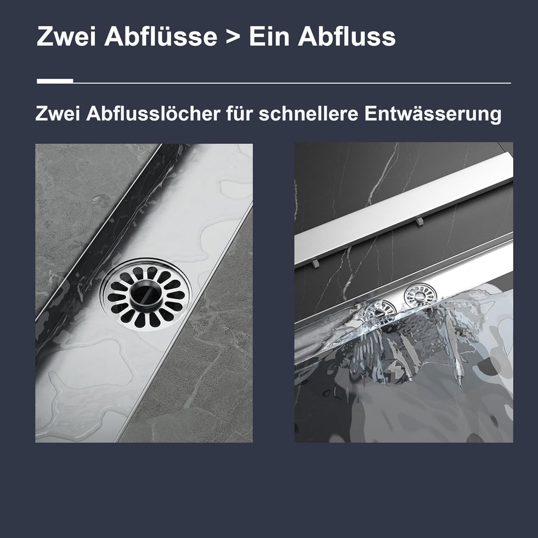 Neodrain Duschrinne 80cm Edelstahl Bodenablauf mit 2 Abflüsse, 360° Siphon 2 in 1 Duschablauf Flach