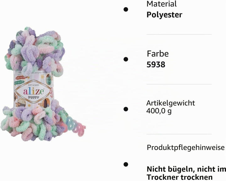 Alize Puffy Color Babydeckengarn, 400 g, 100 % Mikropolyester, weiches Garn, Handstrickgarn (5938) W