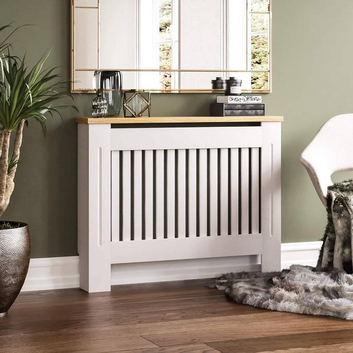 Vida Designs Arlington Heizkörperabdeckung, weiss, moderner lackierter MDF-Schrank, Lamellen, Grill,