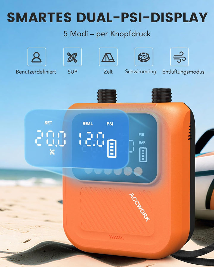 Accwork Elektrische SUP Pumpe mit Akku, 20 PSI wiederaufladbare Luftpumpe für SUP Board, Auto-Off, A