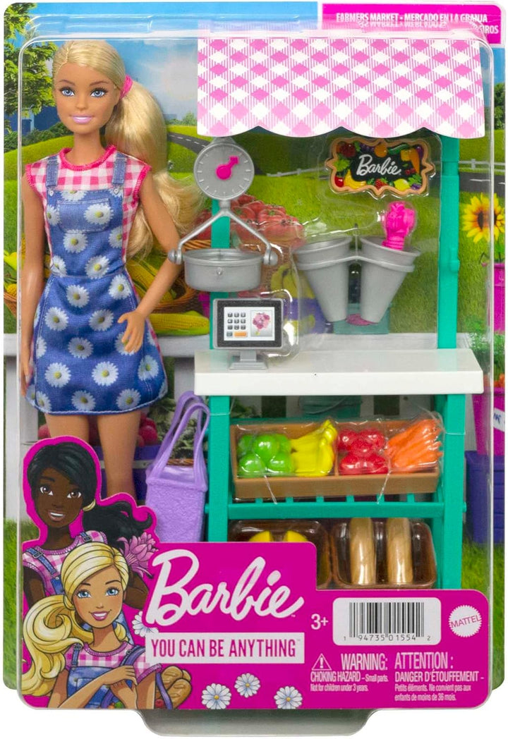 Barbie HCN22 - Spass auf dem Bauernhof Bauernmarkt Spielset mit Puppe (Blonde Haare), Markt-Stand mi