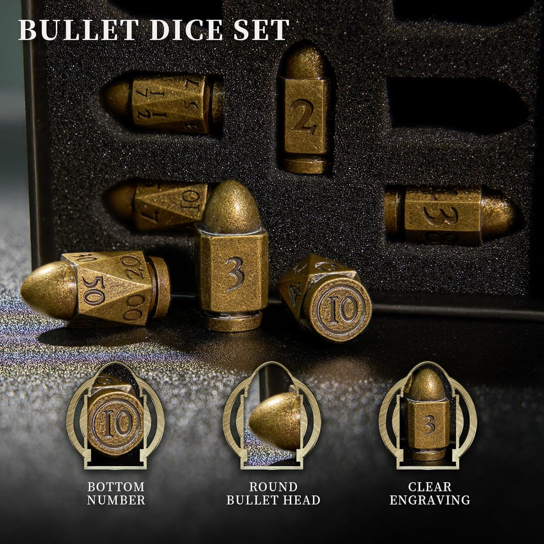 D&D Würfel Set 7 Stück aus Metall, Polyedrische Würfel in Bullet Bronze, für D&D, Rollenspiel Würfel