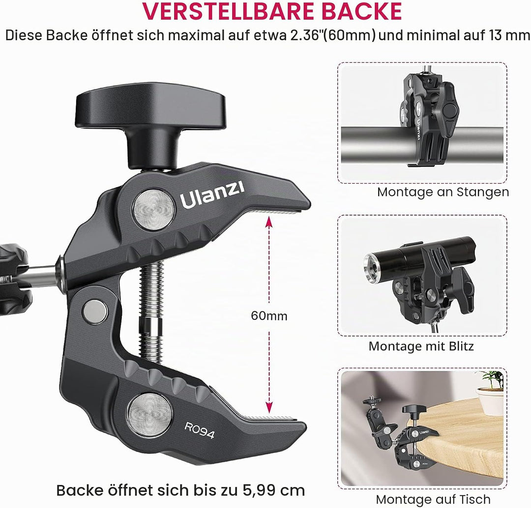 ULANZI R094 Klemmstativ Kamera, Magic Arm mit Super Clamp Crab und 360° Doppelkugelkopf mit 1/4" & 3