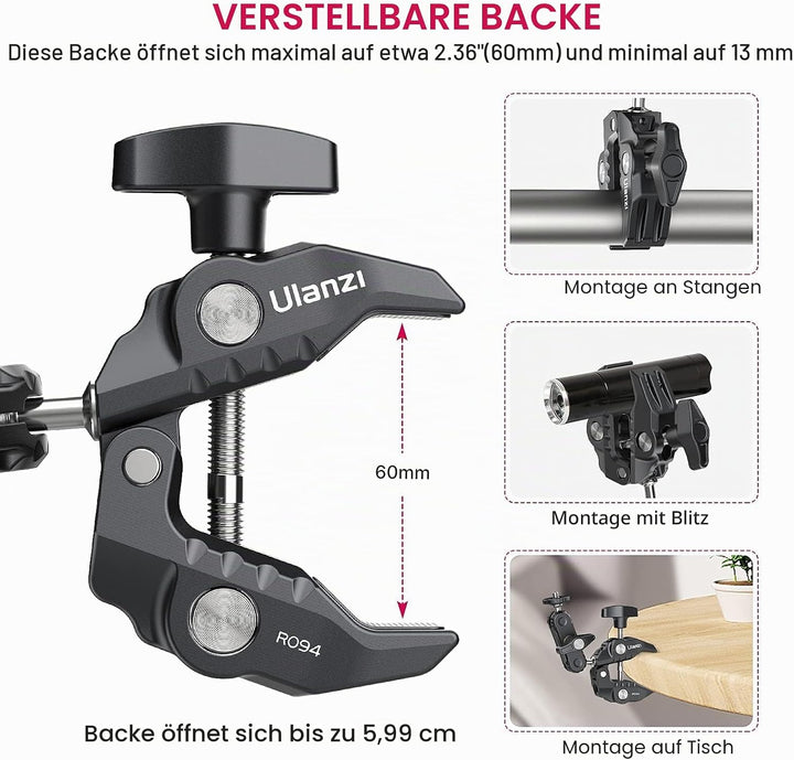 ULANZI R094 Klemmstativ Kamera, Magic Arm mit Super Clamp Crab und 360° Doppelkugelkopf mit 1/4" & 3