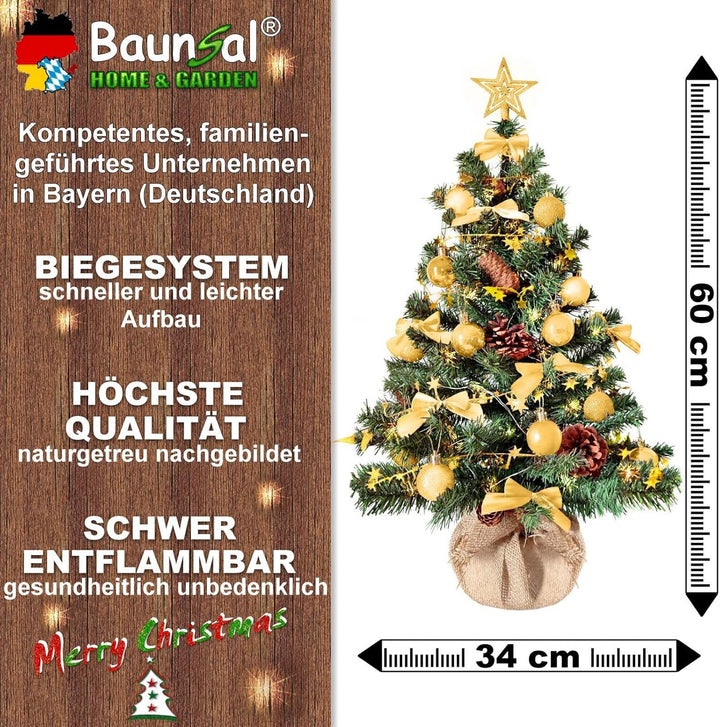 Weihnachtsbaum künstlich (WBD) 60 cm grün mit Weihnachtsdeko Gold und Led Lichterkette mit Batterieb