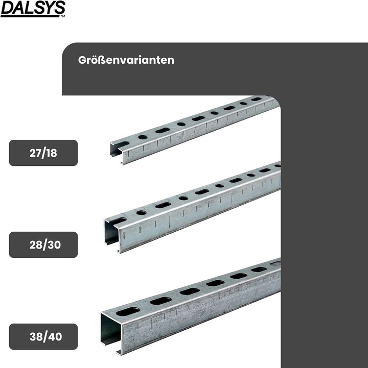 Dalsys Montageschiene 38/40, Schienenkonsole Silber 200cm, 50 Stück, Lochschiene, C-Profilschiene, U