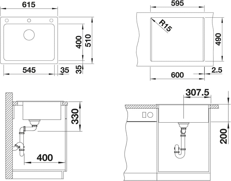 BLANCO NAYA 6 | SILGRANIT schwarz | Einbauart: Einbau von Oben | ohne Ablauffernbedienung | 60er Unt