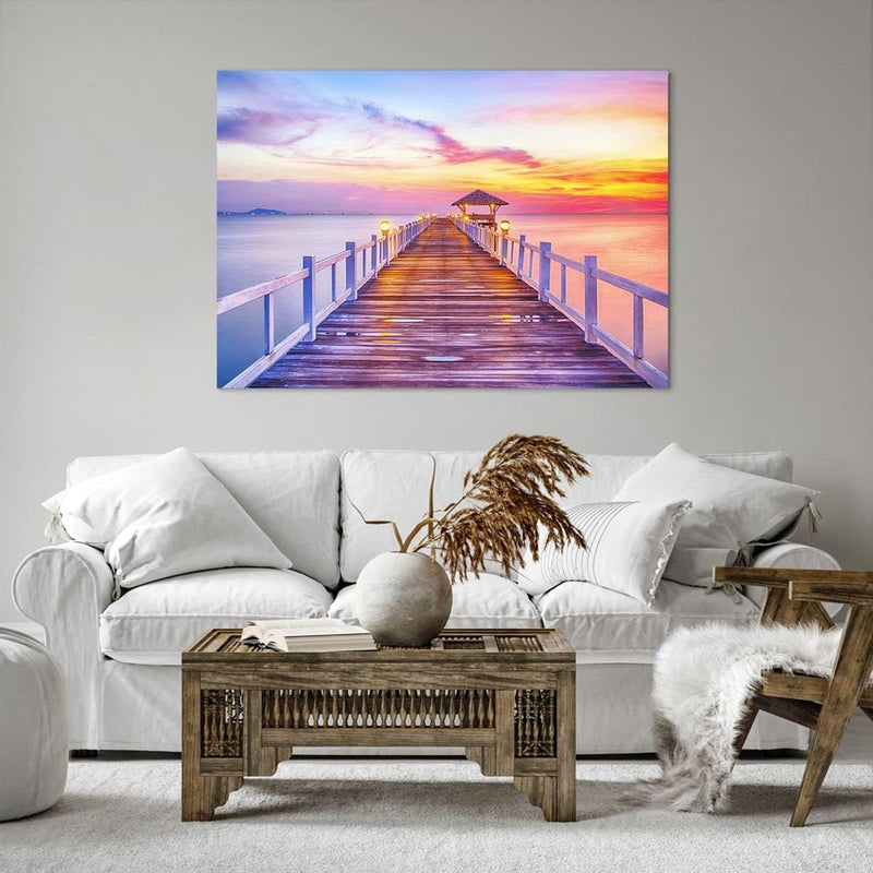 Bilder auf Leinwand 100x70cm Leinwandbild Sonnenuntergang Wasser Brücke Horizont Gross Wanddeko Bild