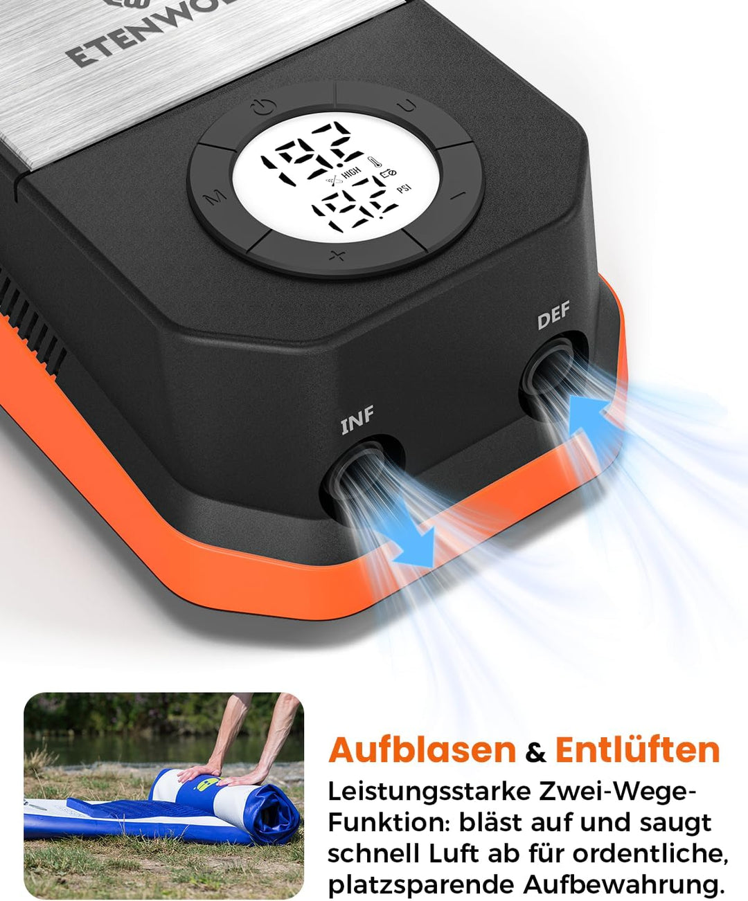 ETENWOLF S4 Elektrische SUP Pumpe, 1,4 bar Hochdruck 12V DC Luftpumpe | mit Auto-Stopp &amp; Deflation-4