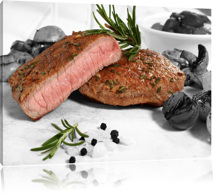 saftiges Medium Steak schwarz/weiss Format: 100x70 auf Leinwand, XXL riesige Bilder fertig gerahmt m