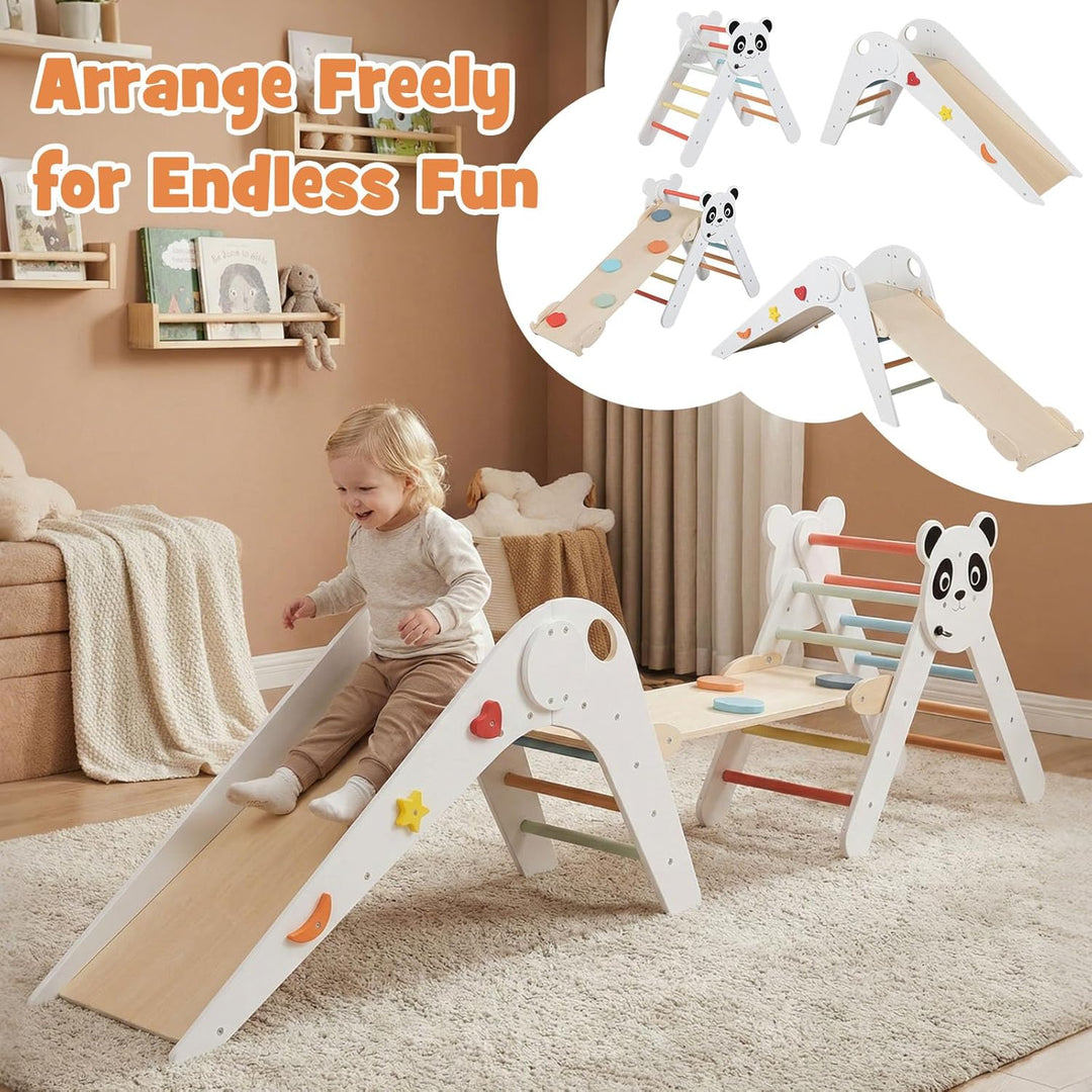 FANTASK Kletterdreiecke Indoor 3er Set, Klappbares Klettergerüst Holz mit Rutsche, Rampe & Kletterle