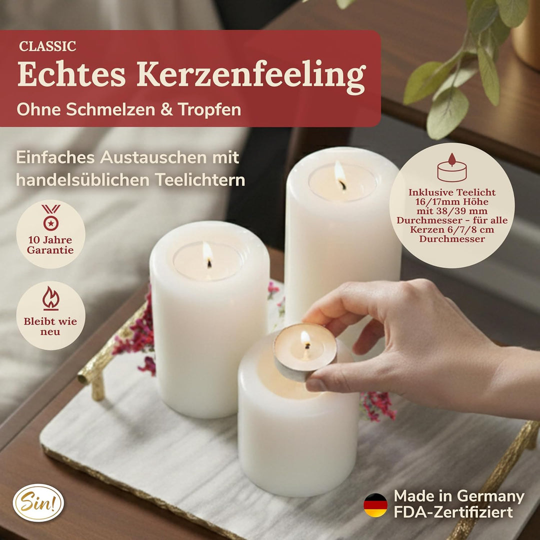 Sin! 4er Set Teelichthalter Classic warmweiss - ∅ 8 cm - Höhen 9/12/15/18 cm, Dauerkerze mit Teelich