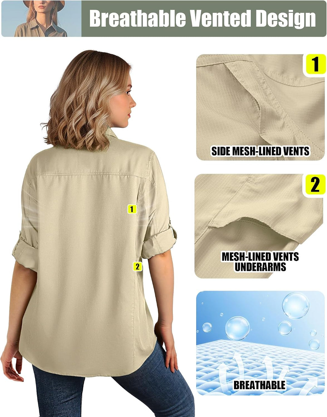 33,000ft Hemdbluse Damen UPF50 UV Schutz Hemd Schnelltrocknende Button-Down Shirts Atmungsaktive Wan