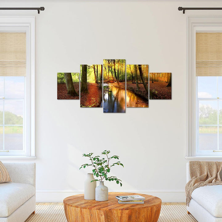 Runa Art Bild Schlafzimmer Wohnzimmer Wald Landschaft 5 Teilig Fluss Braun Wandbilder auf Vlies Lein