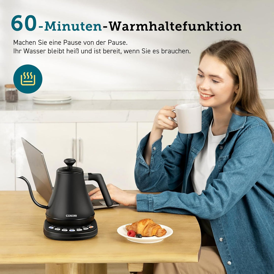 COSORI Wasserkocher Edelstahl Schwanenhals, 0,8 Liter, Wasserkocher mit Temperatureinstellung, 80℃ b