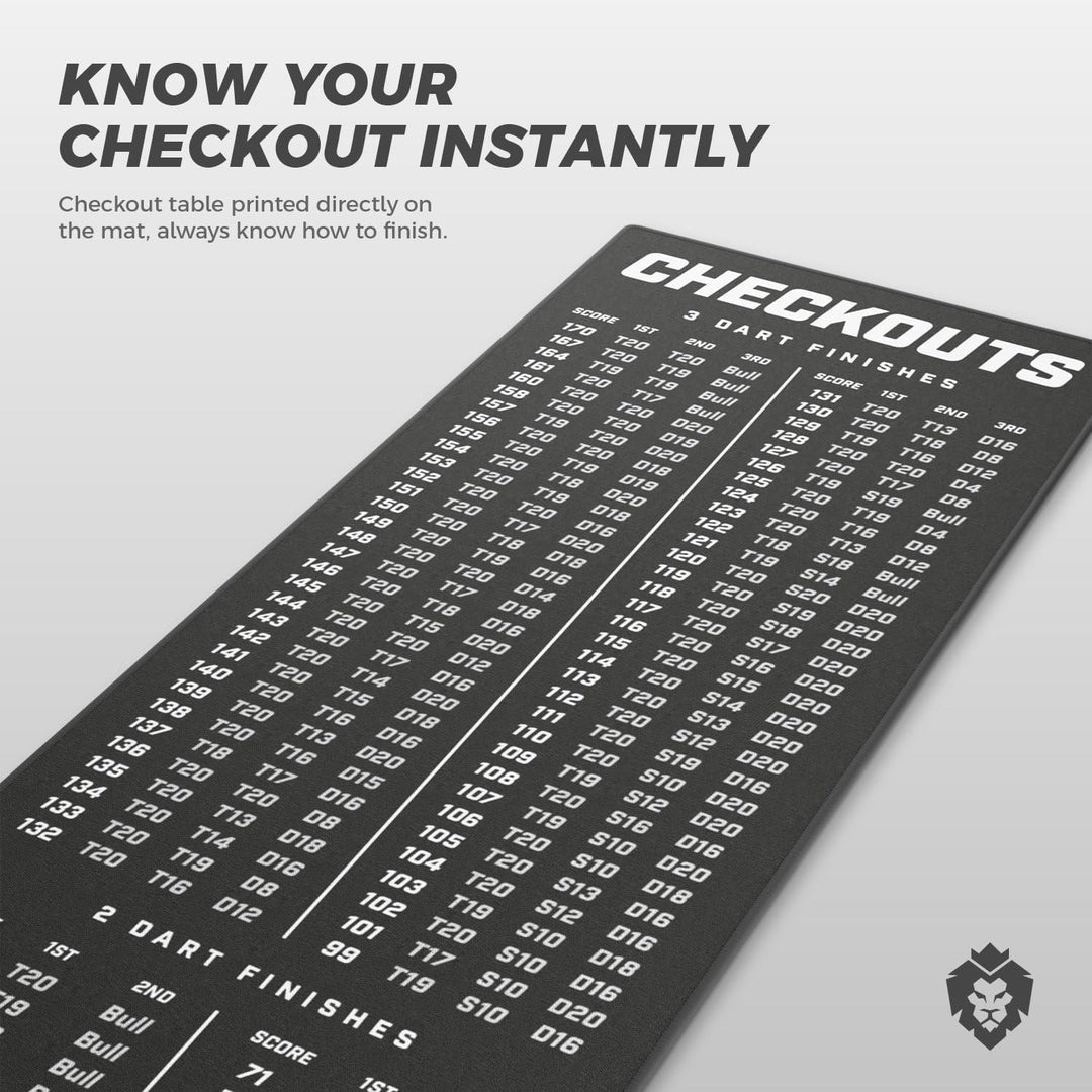 KOTO - Carpet Checkout Dartmatte, Schutz Bodens und Dartpfeile, Mit Score-Indikation + Oche 237x60cm