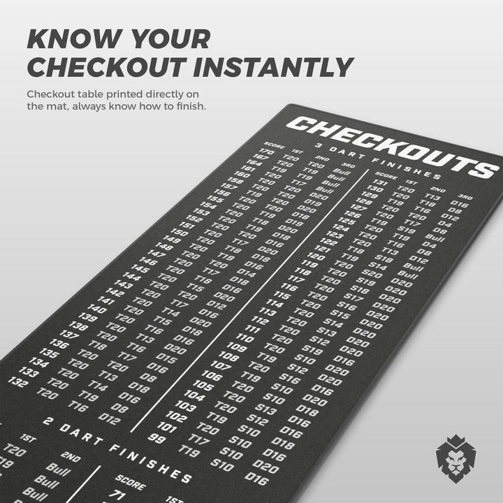 KOTO - Carpet Checkout Dartmatte, Schutz Bodens und Dartpfeile, Mit Score-Indikation + Oche 237x60cm