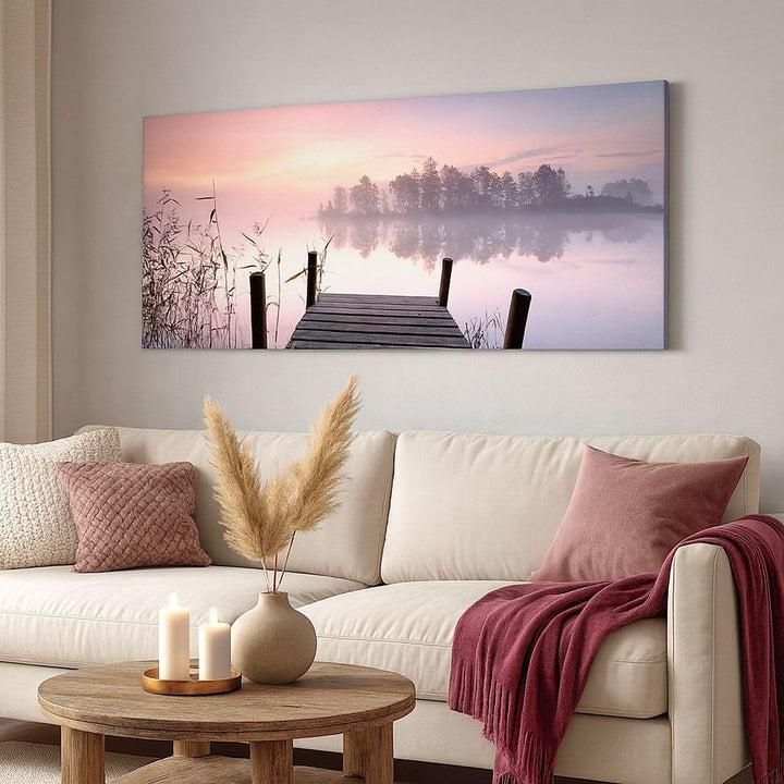 Panorama Bilder auf Leinwand 100x40cm Leinwandbild Morgen Sonnenaufgang Nebel See Gross Wanddeko Bil