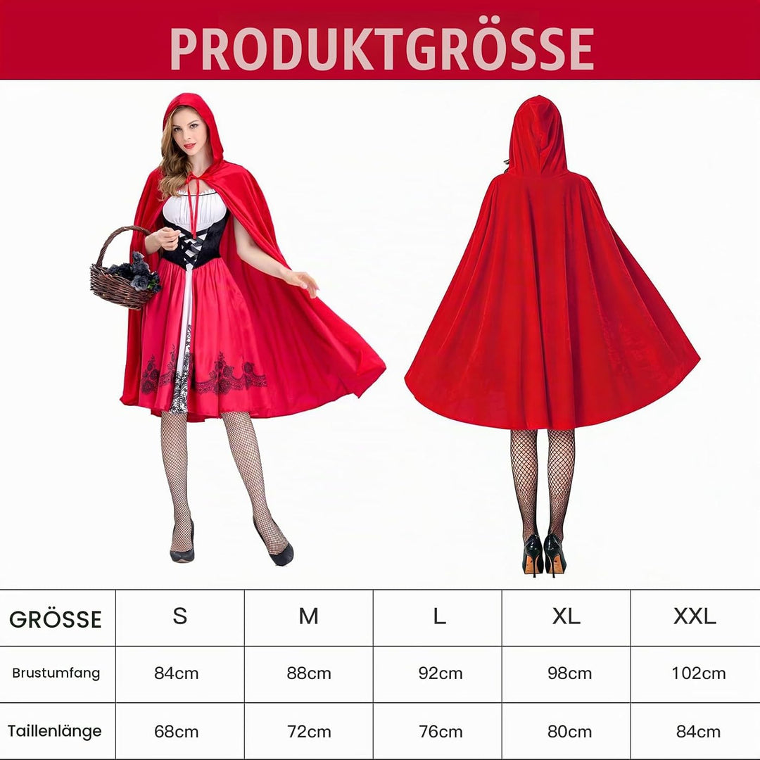 Rotkäppchen Kostüm Damen, Rotkäppchen Umhang mit Kleid und Schwarze Strümpfe, Märchen Kostüm Damen G