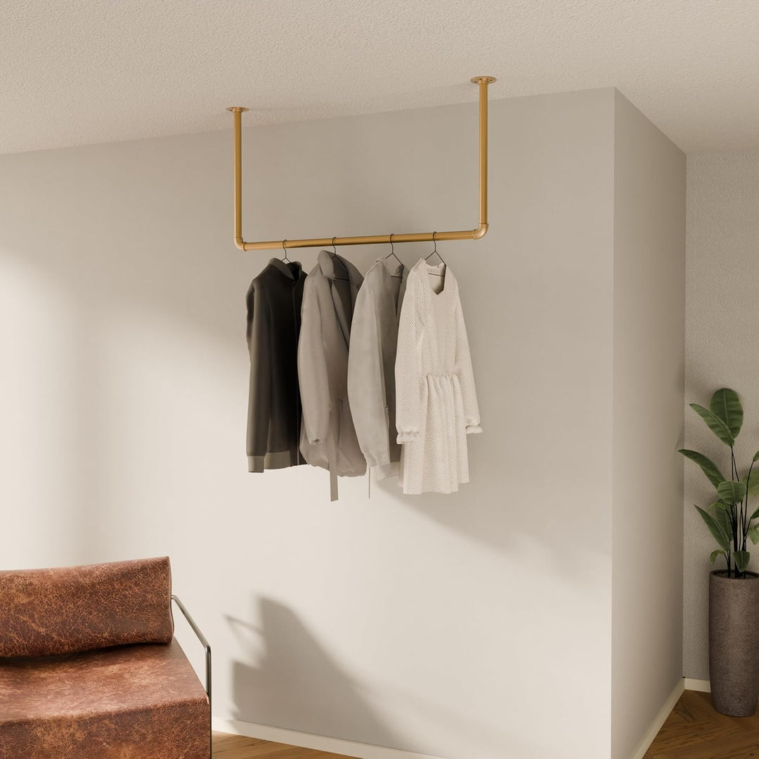 pamo Kleiderstange Deckenmontage Gold – Garderobenstange Decke Industrial I 105x54 cm I Stahlrohr go