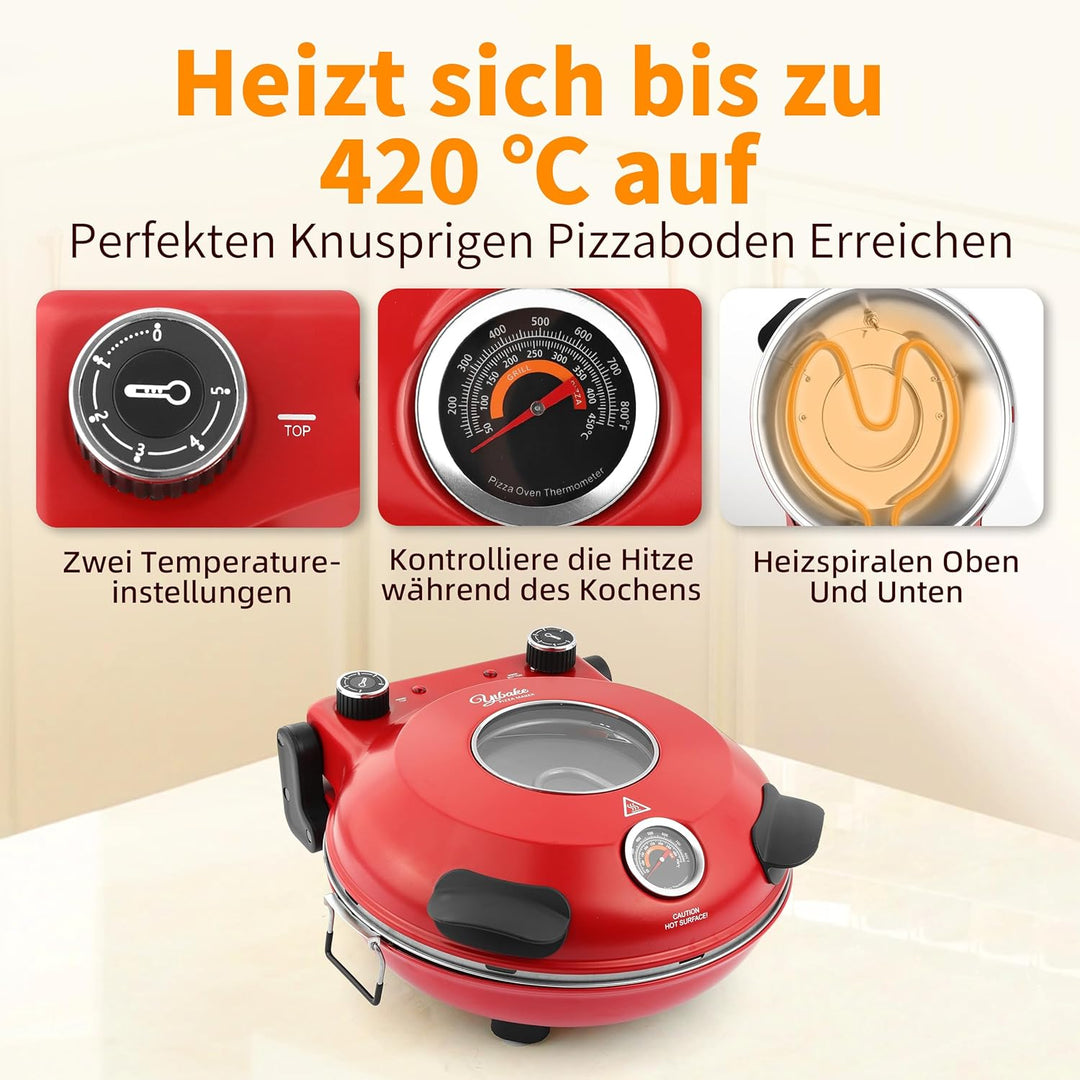 YIBAKE Pizzaofen elektrisch, 1200W Pizzabäcker in 4-Min-Pizza, 31cm Feuerfeste Pizzastein, Max 420℃