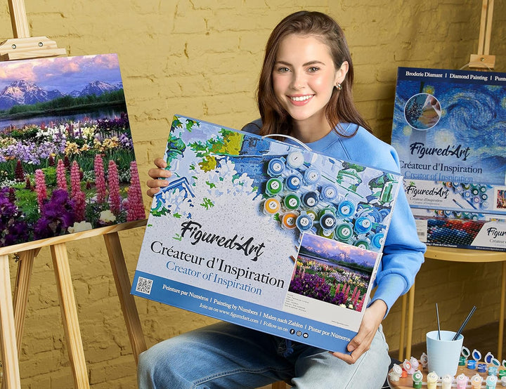 Figured'Art Malen Nach Zahlen Erwachsene Mit Rahmen Blumen und See am Fusse des Berges - Paint by Nu