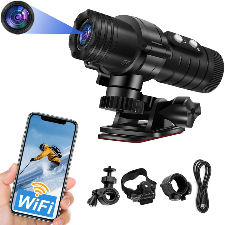 Action Cam WiFi, 1080P HD IP66 Spritzwassergeschütztes Helmkamera, 7h Akkulaufzeit & 120° Weitwinkel
