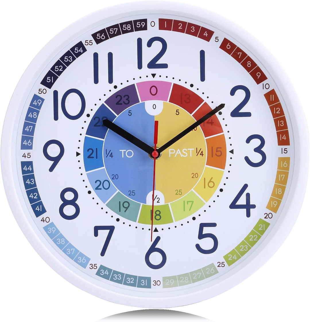 Lafocuse Lautlos Bunte Lernuhr für Kinder, Wanduhr für Jungen und Mädchen, Kinderwanduhr Ohne Ticken